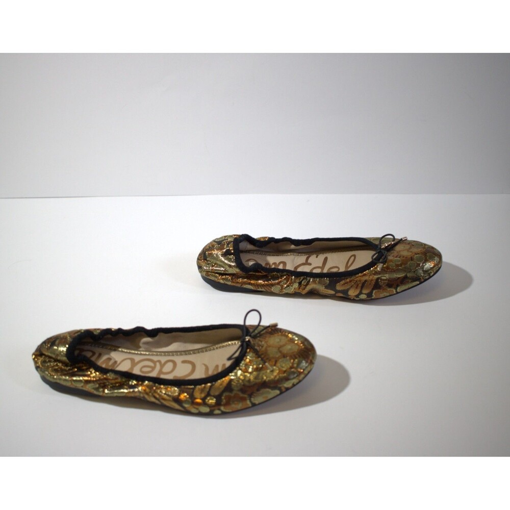 Sam Edelman Felicia Shimmer Metallic Leaf Ballet Flats Gold Black Bow Size 8.5